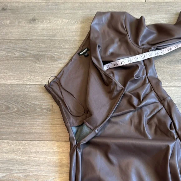 Express Faux Leather One Shoulder Mini Dress Mocha - Picture 11 of 13